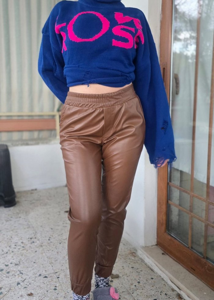 Kadın Kahverengi Deri Salaş Pantolon - Görsel 2