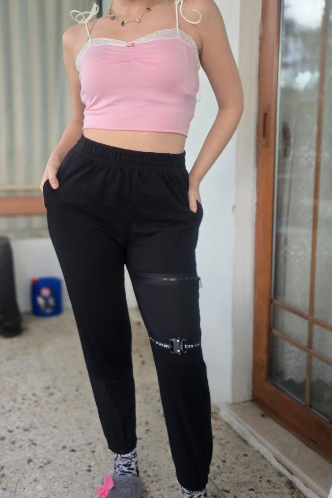 Kadın Siyah Fermuarlı Rahat Eşofman Altı - Görsel 5