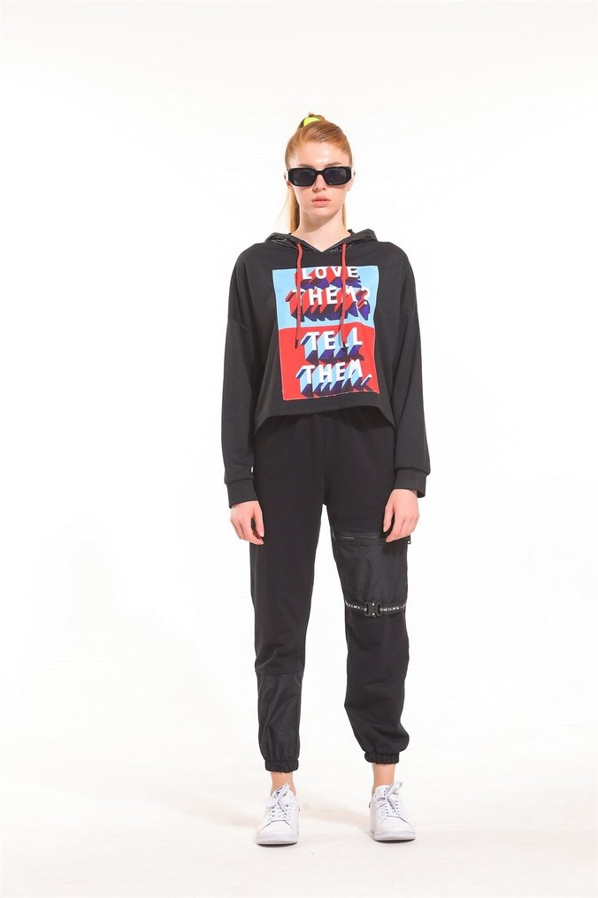 Kadın Siyah Fermuarlı Rahat Eşofman Altı - Görsel 4