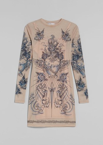 Drapeli Yüksek Yakalı Gri Baskılı Midi Kalem Elbise - Görsel 3