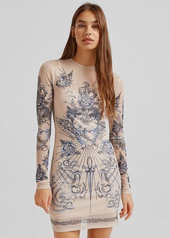 Drapeli Yüksek Yakalı Gri Baskılı Midi Kalem Elbise - Görsel 13