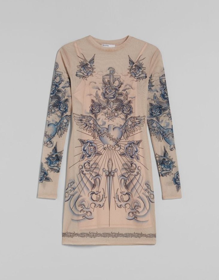 Drapeli Yüksek Yakalı Gri Baskılı Midi Kalem Elbise - Görsel 3