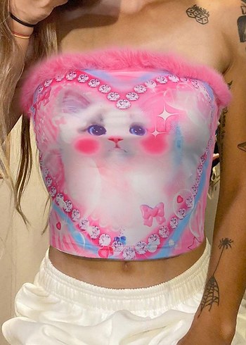 Pembe Kürklü Straplez Tie-Dye Büstiyer - Görsel 3