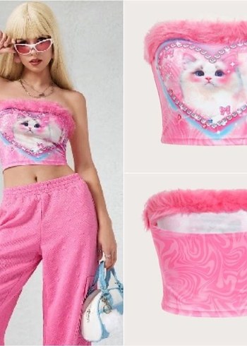 Pembe Kürklü Straplez Tie-Dye Büstiyer - Görsel 2