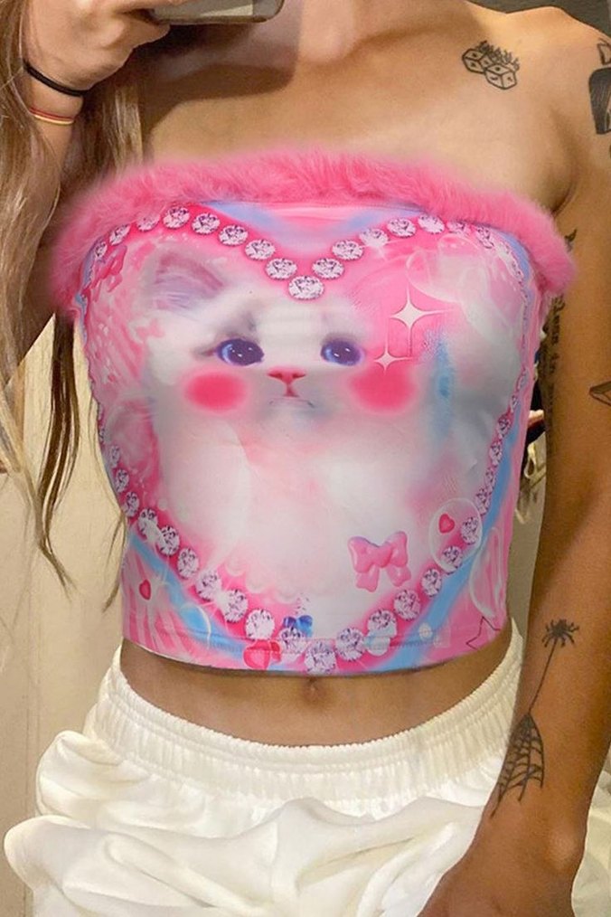 Pembe Kürklü Straplez Tie-Dye Büstiyer - Görsel 3