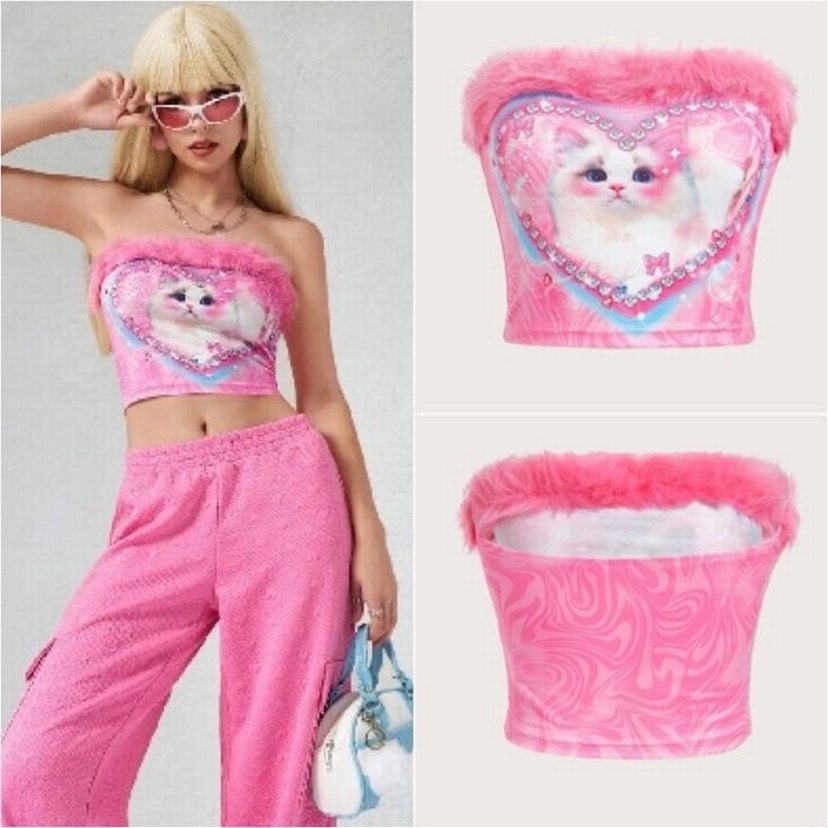 Pembe Kürklü Straplez Tie-Dye Büstiyer - Görsel 2