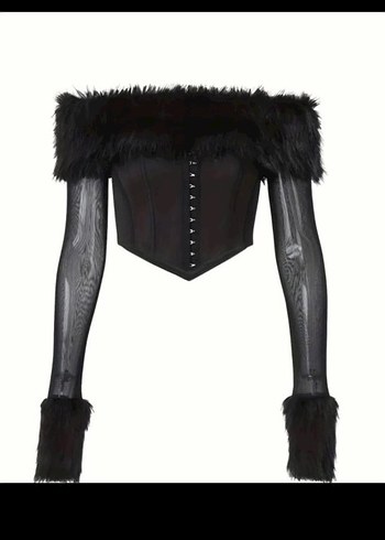 Kürk Detaylı Siyah Gotik Straplez Büstiyer - Görsel 5