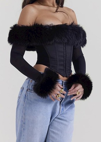 Kürk Detaylı Siyah Gotik Straplez Büstiyer - Görsel 8