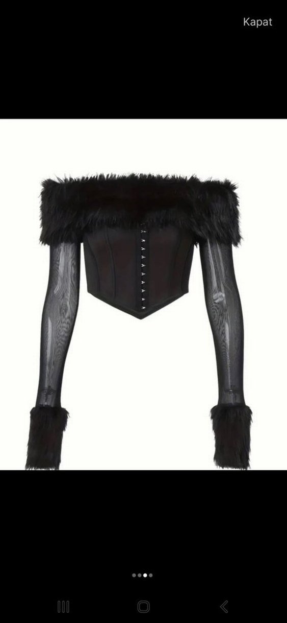 Kürk Detaylı Siyah Gotik Straplez Büstiyer - Görsel 5