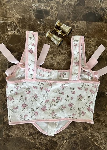 Pembe Çiçek Desenli Düğmeli Straplez Büstiyer - Görsel 6