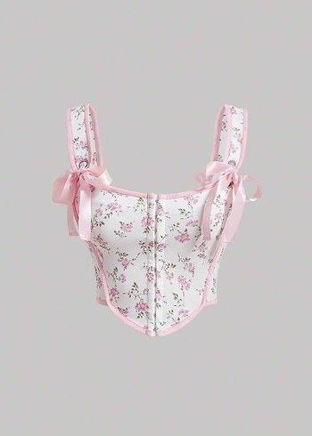 Pembe Çiçek Desenli Düğmeli Straplez Büstiyer - Görsel 12