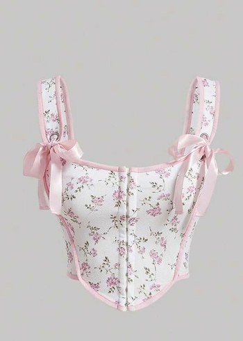 Pembe Çiçek Desenli Düğmeli Straplez Büstiyer - Görsel 8