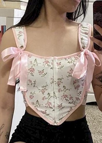 Pembe Çiçek Desenli Düğmeli Straplez Büstiyer - Görsel 2