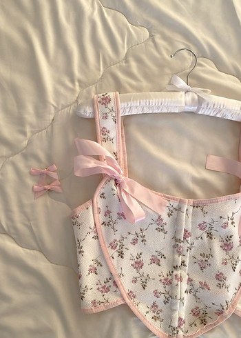 Pembe Çiçek Desenli Düğmeli Straplez Büstiyer - Görsel 5