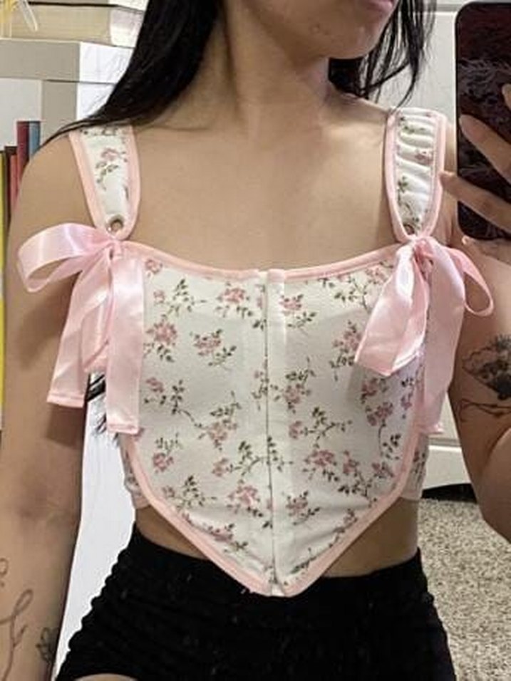 Pembe Çiçek Desenli Düğmeli Straplez Büstiyer - Görsel 2