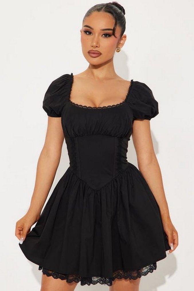 Siyah Gotik Nakışlı Mini Elbise - Görsel 3