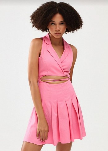 Pembe V Yaka Mini Bohem Elbise - Görsel 7