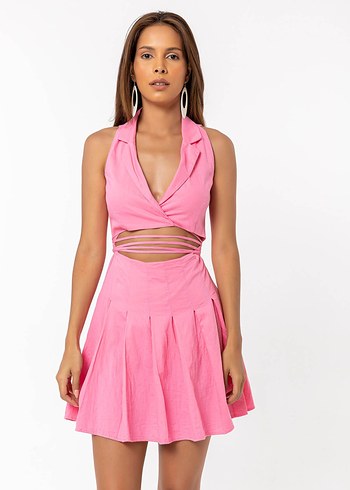 Pembe V Yaka Mini Bohem Elbise - Görsel 9