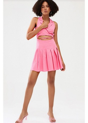 Pembe V Yaka Mini Bohem Elbise - Görsel 3