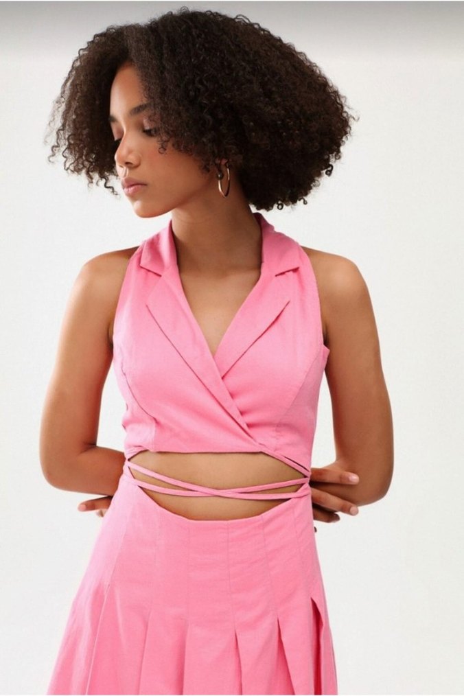 Pembe V Yaka Mini Bohem Elbise - Görsel 4