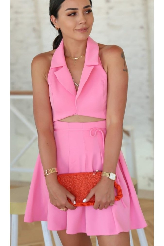 Pembe V Yaka Mini Bohem Elbise - Görsel 2