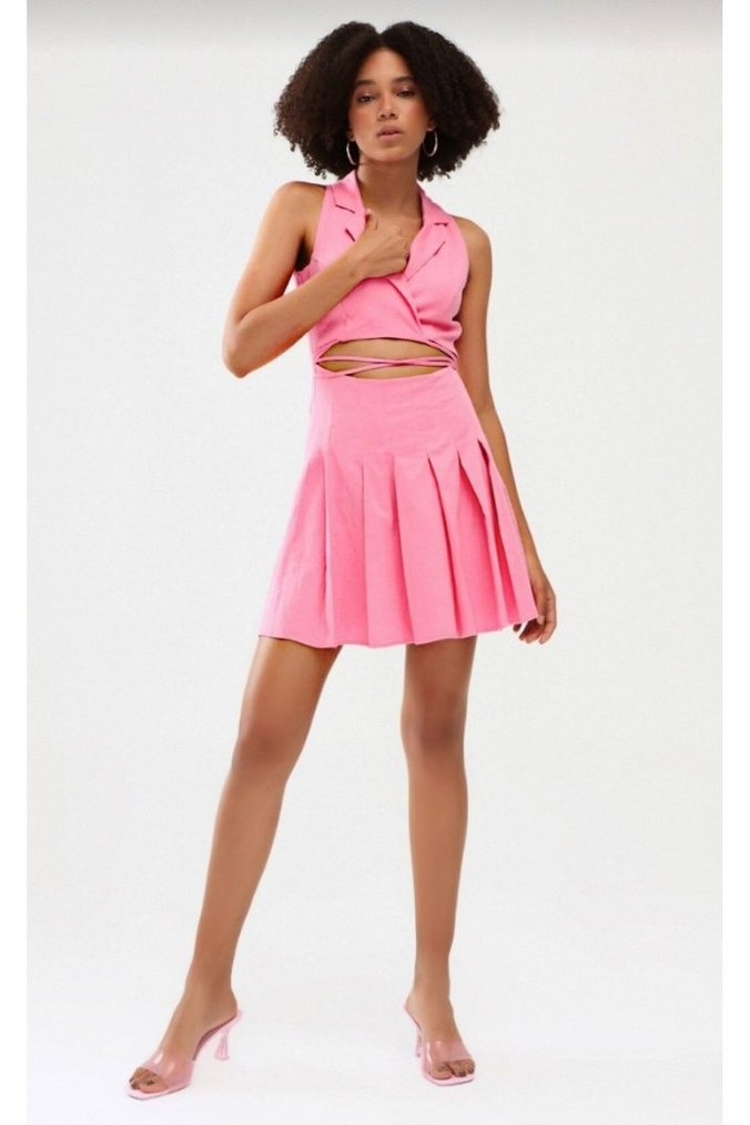 Pembe V Yaka Mini Bohem Elbise - Görsel 3