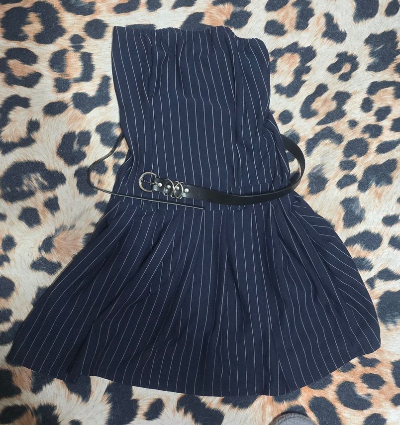 Kemerli Lacivert Çizgili Straplez Midi Elbise - Görsel 2