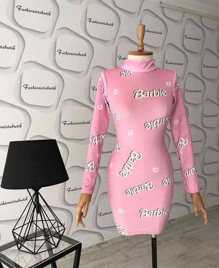 Pembe Baskılı Uzun Kollu Midi Elbise - Görsel 3