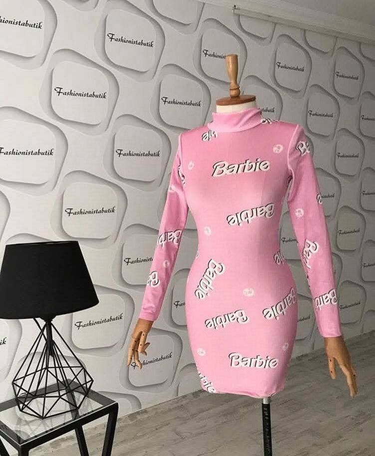 Pembe Baskılı Uzun Kollu Midi Elbise - Görsel 2