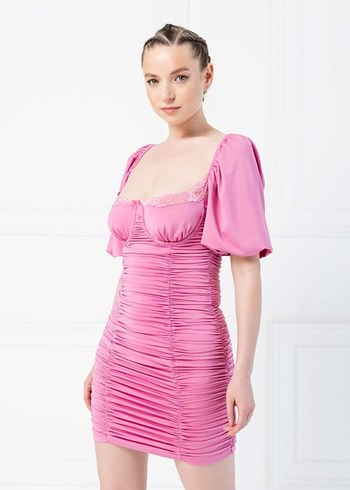 Kikiriki Pembe Drapeli Mini Elbise