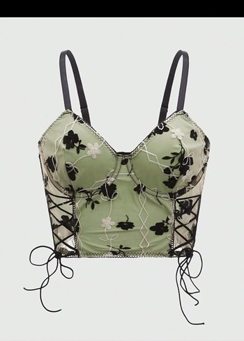 Yeşil Nakışlı Gotik Dantel Detaylı Büstiyer