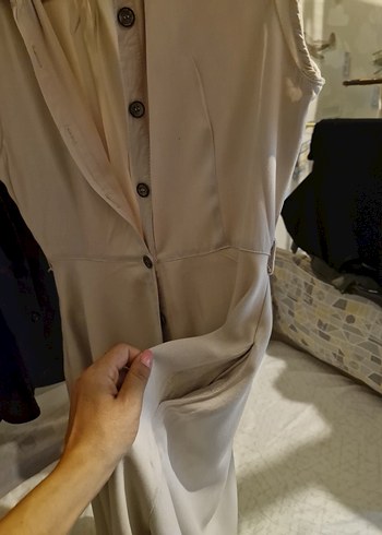 Bej Düğmeli Midi elbise