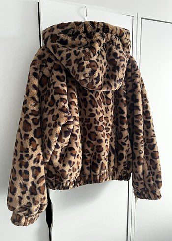 Kahverengi Leopar Desenli Kapüşonlu Kadın Ceket - Görsel 7