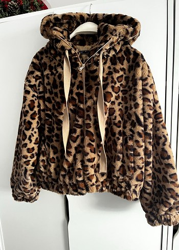 Kahverengi Leopar Desenli Kapüşonlu Kadın Ceket - Görsel 2