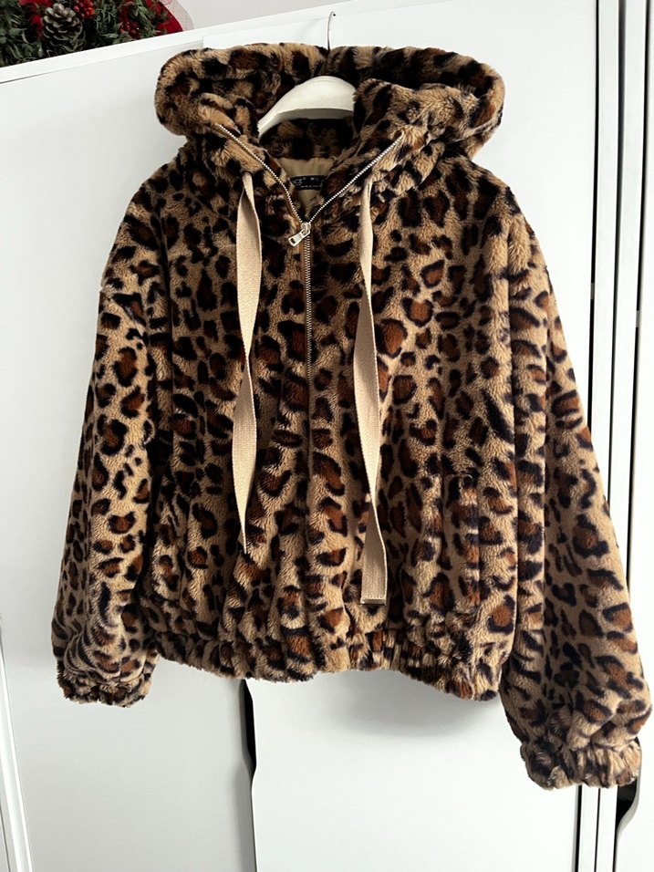 Kahverengi Leopar Desenli Kapüşonlu Kadın Ceket - Görsel 2