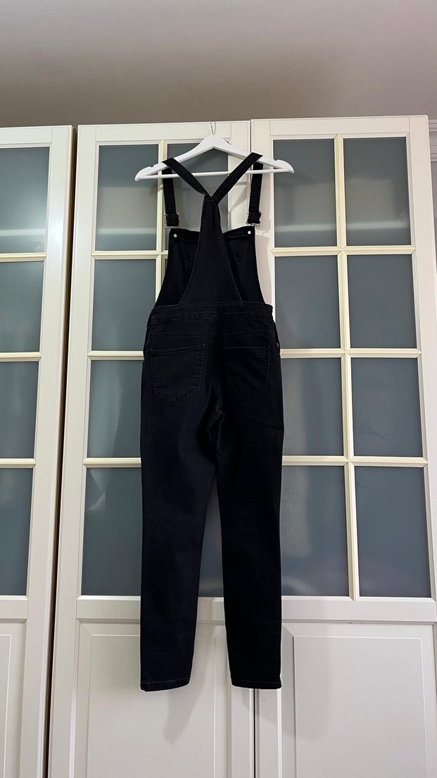 Siyah Denim Askılı Uzun Tulum - Görsel 4