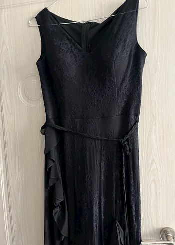 Siyah V Yaka Uzun Fırfırlı Kadın Abiye Elbise - Görsel 3