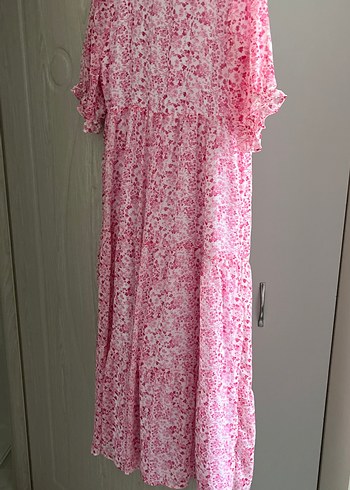 Pembe Bohem Uzun Elbise Fırfırlı Kısa Kollu hamile giyime uygun - Görsel 3