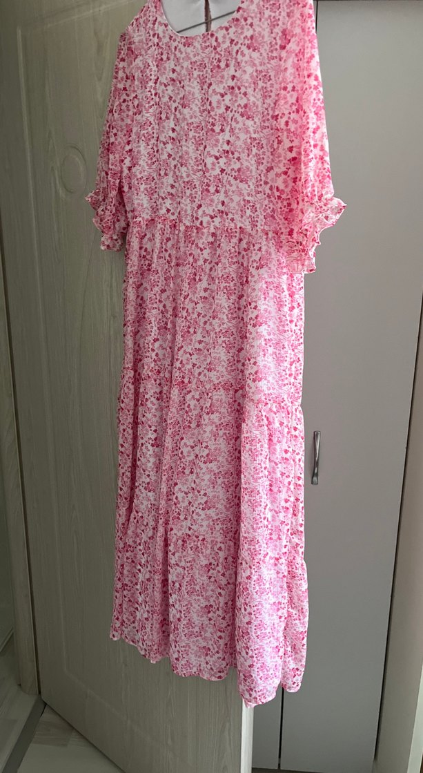 Pembe Bohem Uzun Elbise Fırfırlı Kısa Kollu hamile giyime uygun - Görsel 3