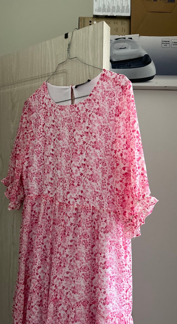 Pembe Bohem Uzun Elbise Fırfırlı Kısa Kollu hamile giyime uygun - Görsel 2