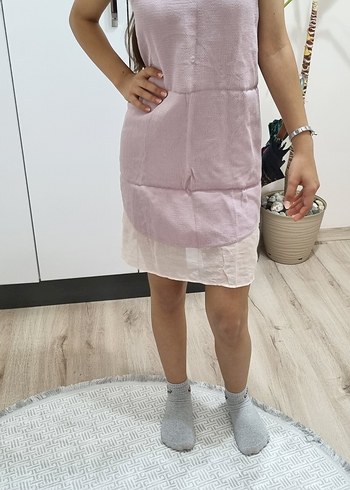 Bej Pastel Keten Midi elbise