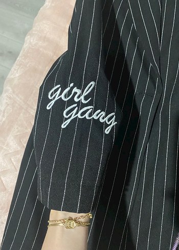 Çizgili Siyah Kadın Uzun Blazer Ceket - Görsel 2