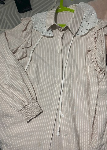 Nakışlı Fırfırlı Bej Keten Gömlek - Görsel 3