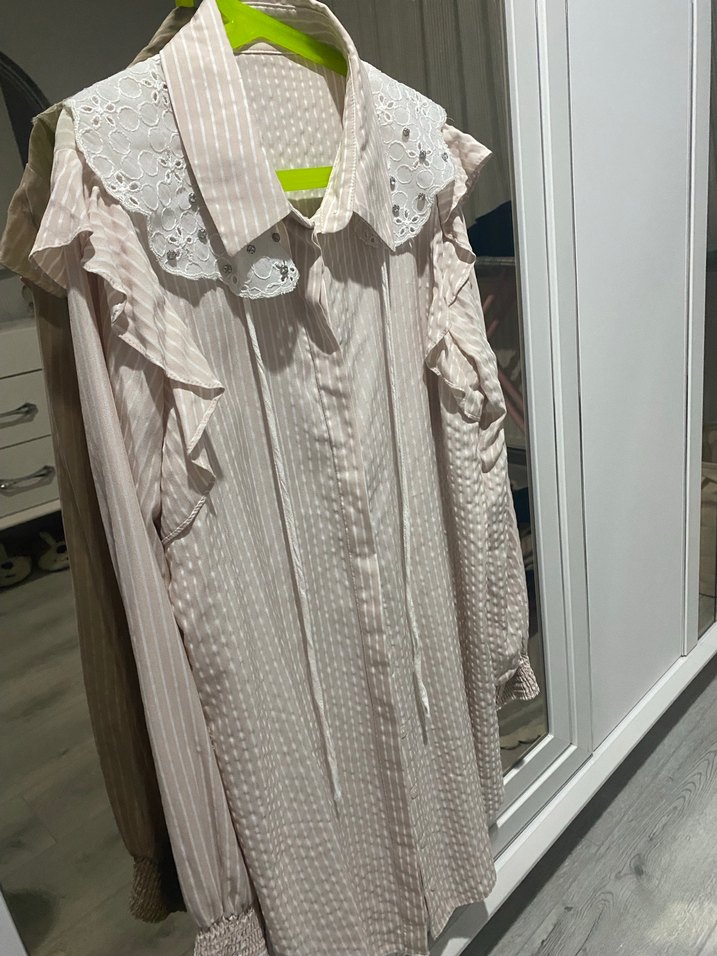 Nakışlı Fırfırlı Bej Keten Gömlek - Görsel 2