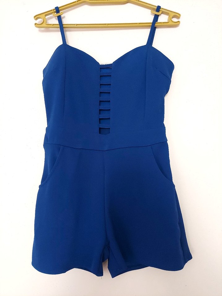 Kadın Mavi Mini Askılı Şort Tulum - Görsel 3