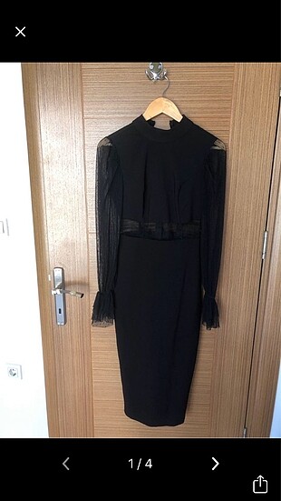 Beli tül detaylı çok şık midi elbise