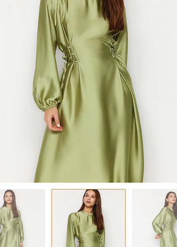 Uzun, Salaş Kesim, Yüksek Yakalı Saten Elbise - Görsel 2