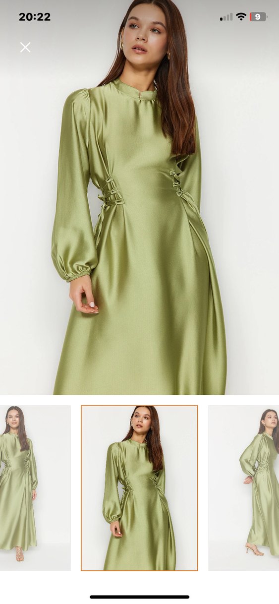 Uzun, Salaş Kesim, Yüksek Yakalı Saten Elbise - Görsel 2