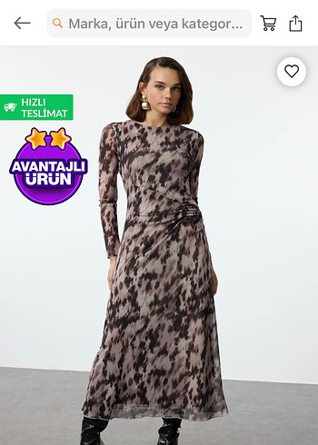 Trendyolmilla Kahverengi Baskili Büzgü / Drape Maxi Örme Elbise