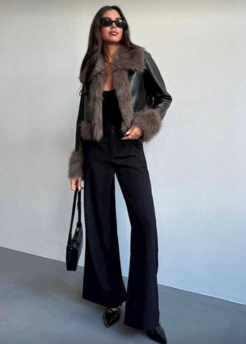 Siyah Deri ve Kürk Detaylı Kadın Ceket - Görsel 2